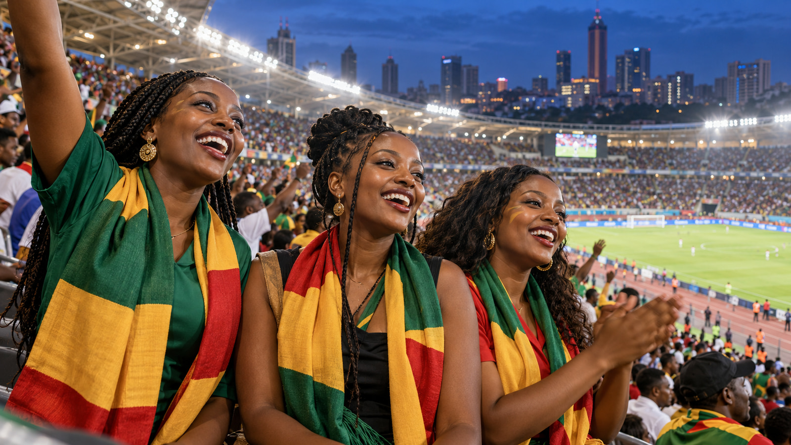 Supporters cheer together in a packed football stadium at night