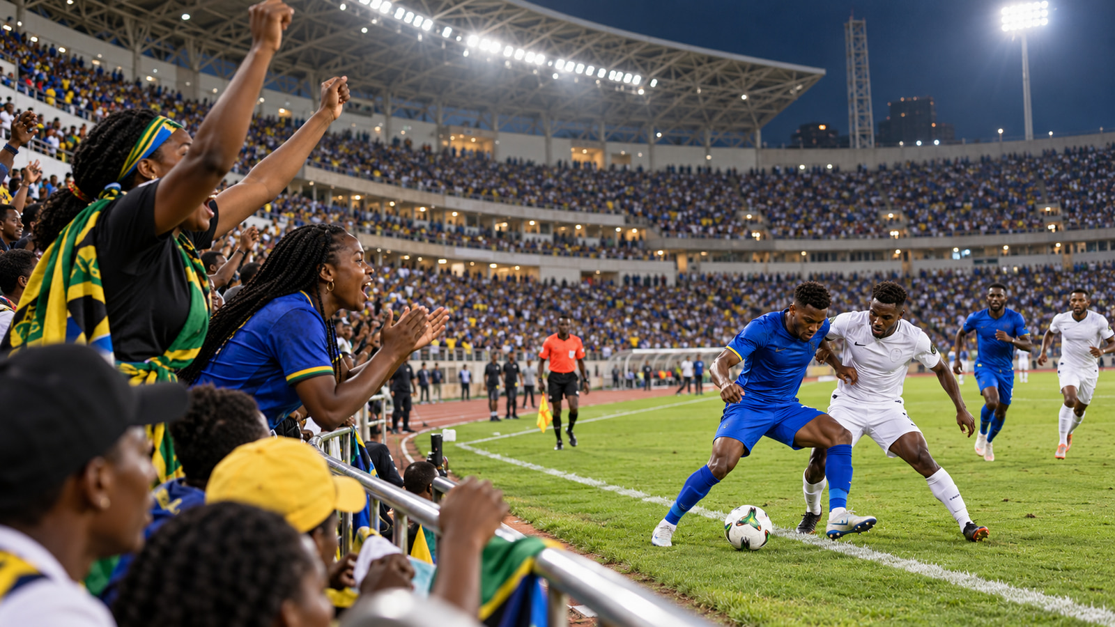 Players contest the ball as supporters watch under the lights