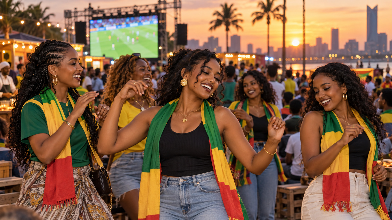 Women fans dance during an outdoor match screening at sunset