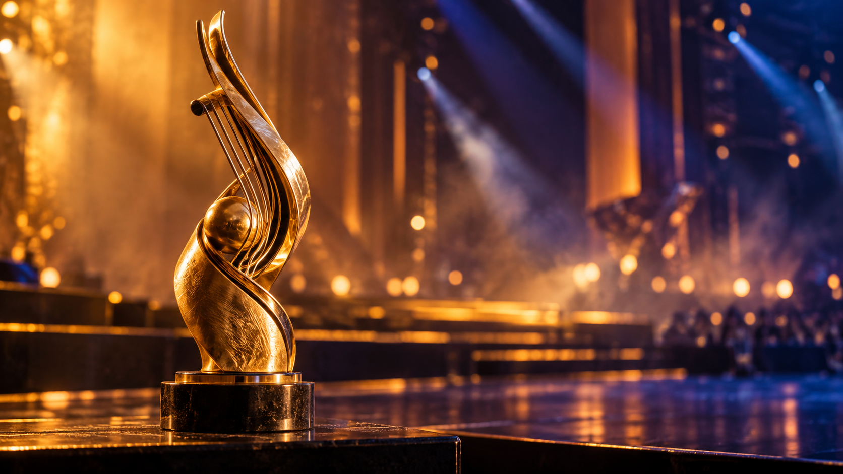 Un trofeo musical dorado, de diseño abstracto, sobre un escenario