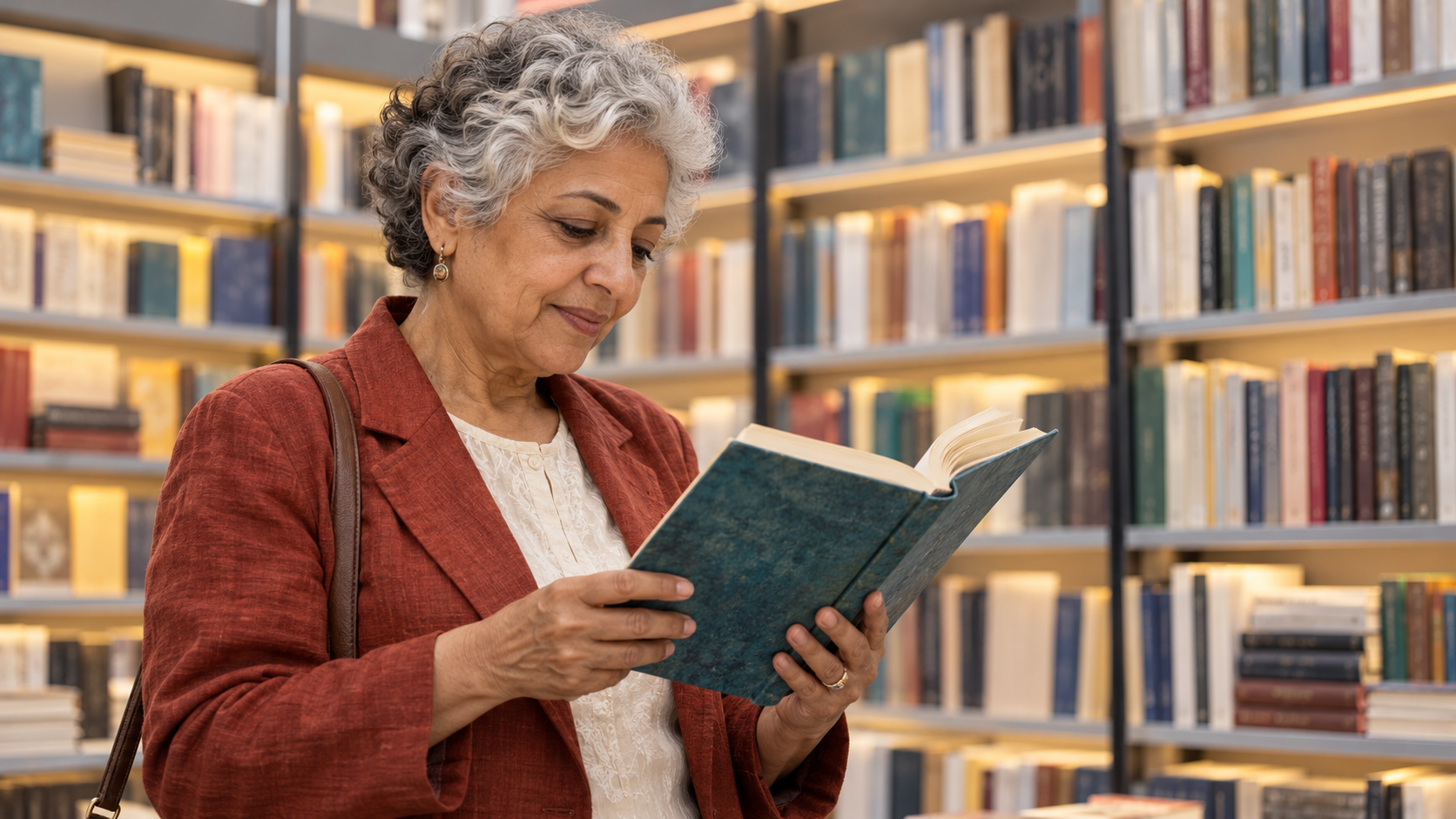 A reader with gray curls and a rust-colored jacket browses a book-fair aisle.
