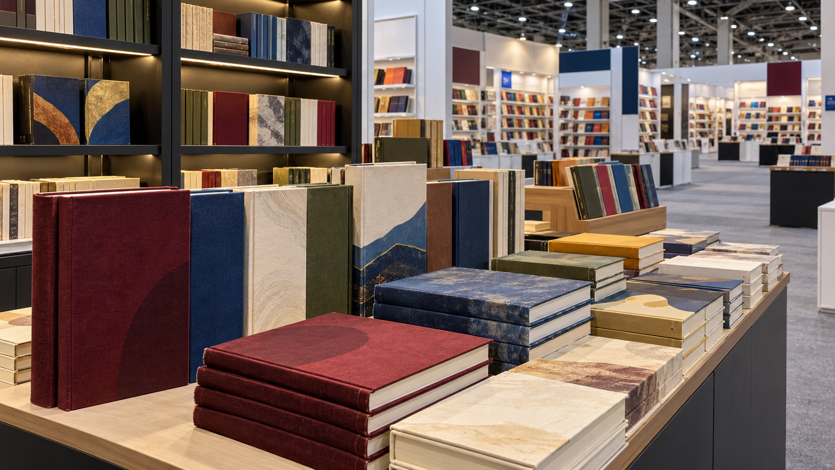 Large-format books sit on a display table in front of exhibition stands.