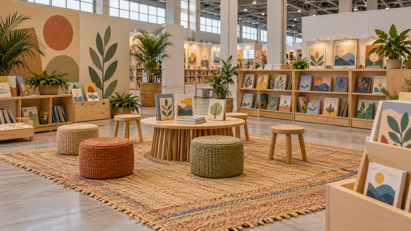 Small stools, low book displays and potted plants form a children’s reading corner.