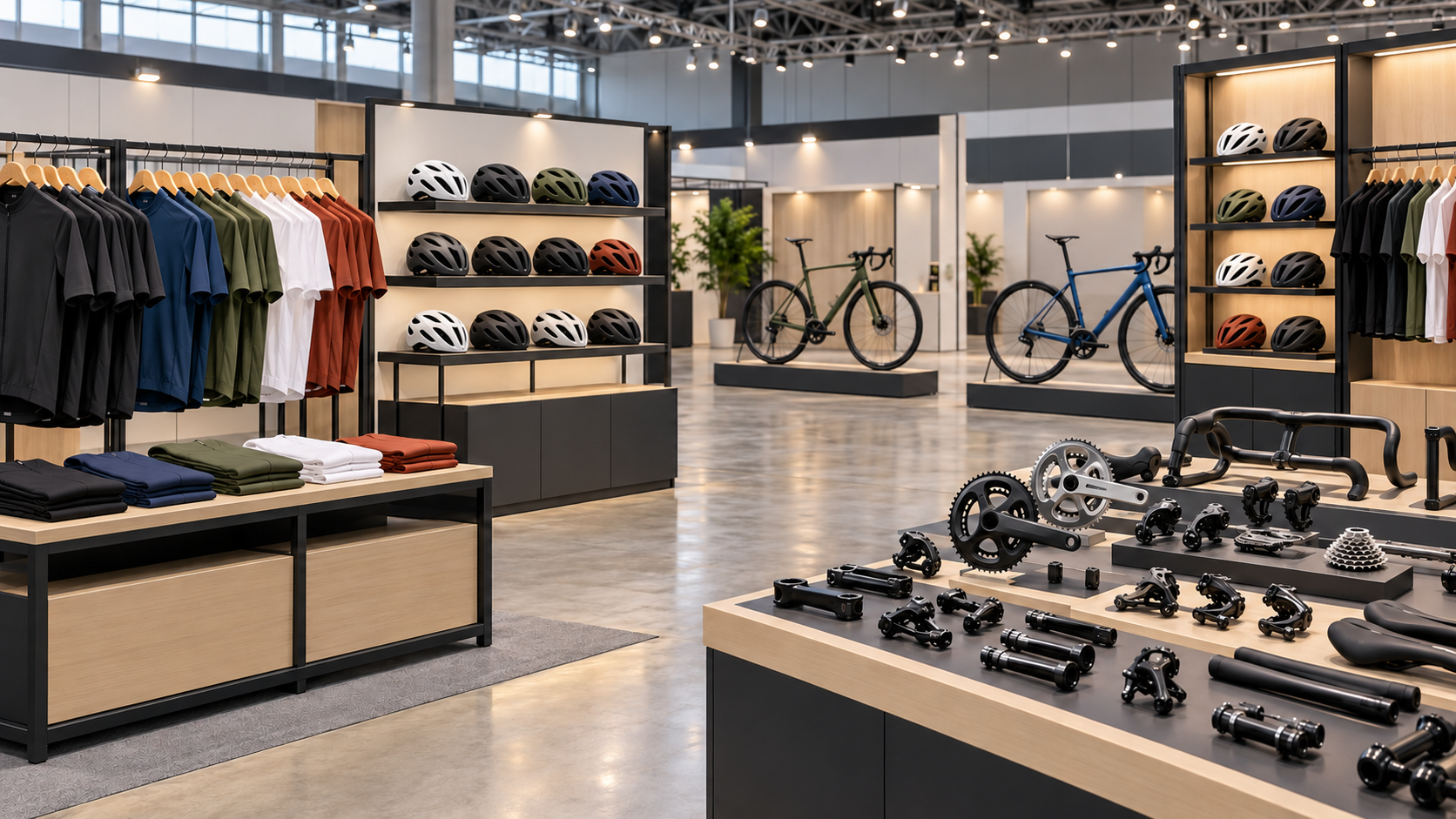 Bicicletas de carretera, cascos y equipo ciclista expuestos en una feria.