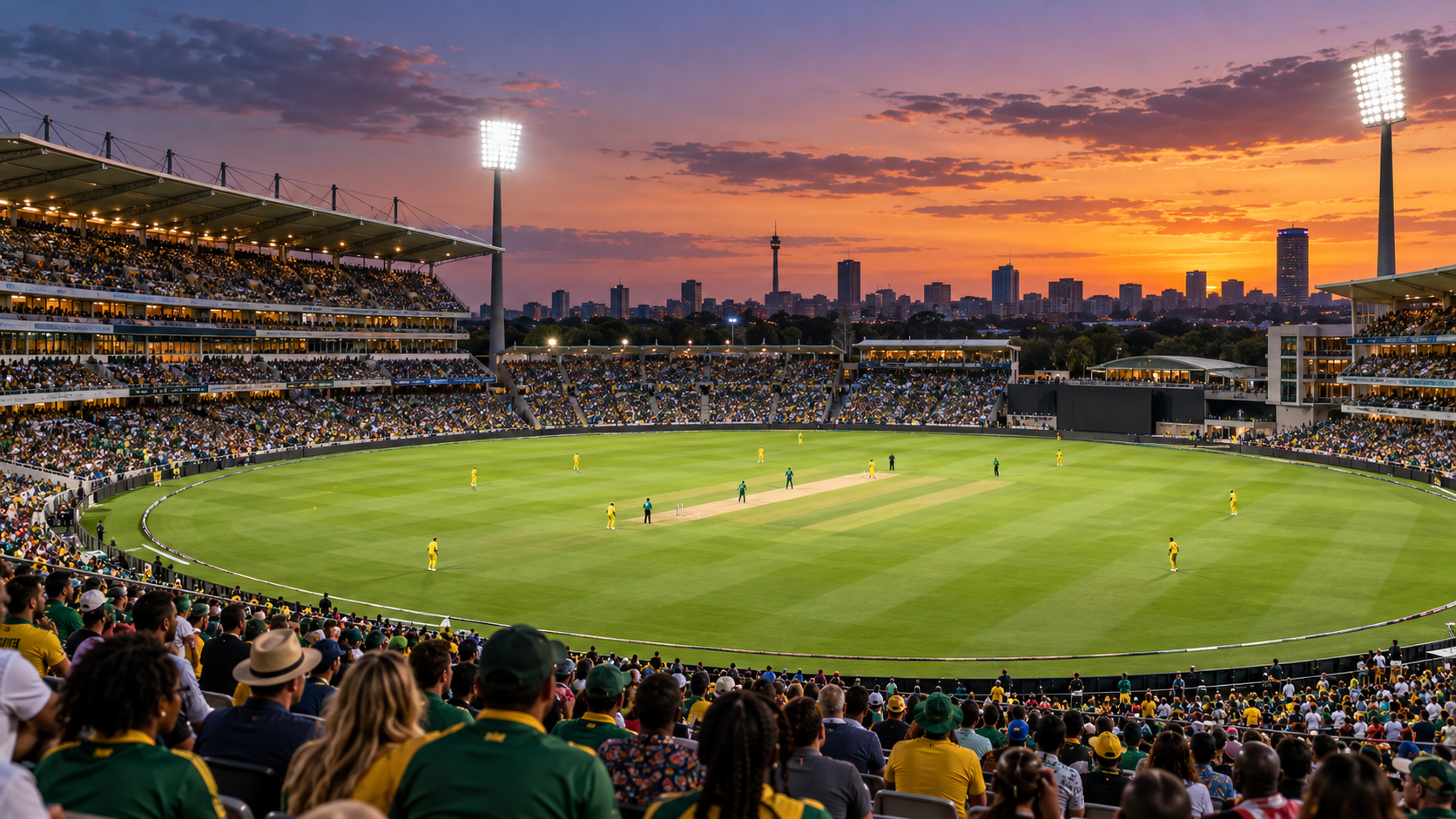 Un stade de cricket se remplit sous le coucher de soleil de Johannesburg