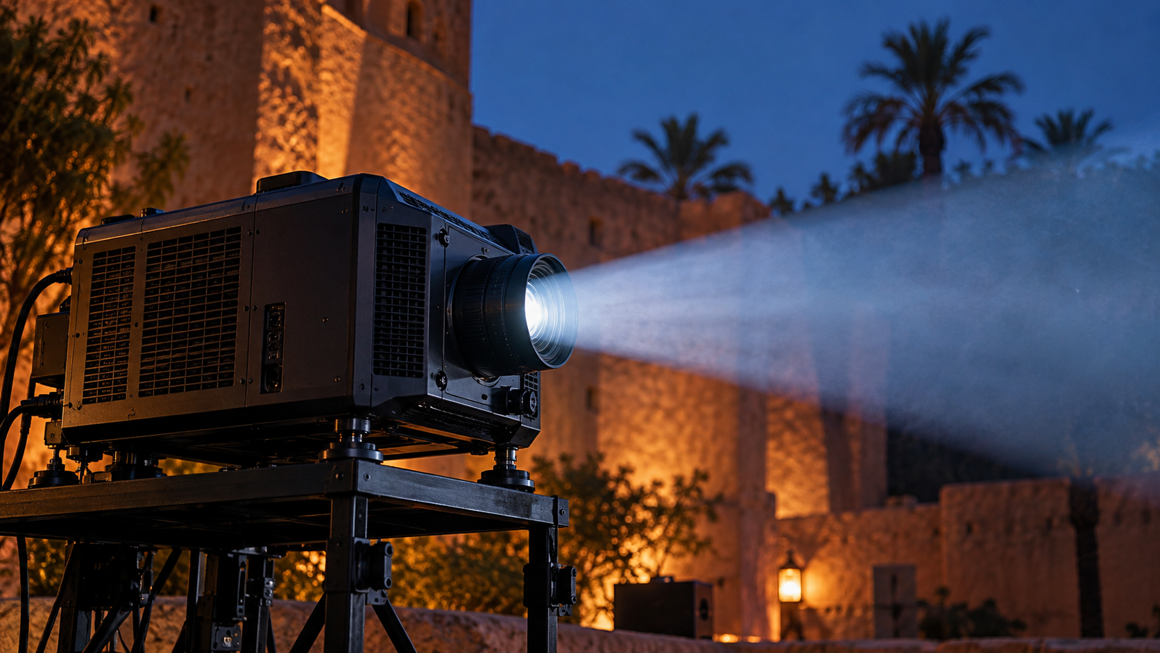 A cinema projector casts a beam through the evening air beside an ochre stone wall.