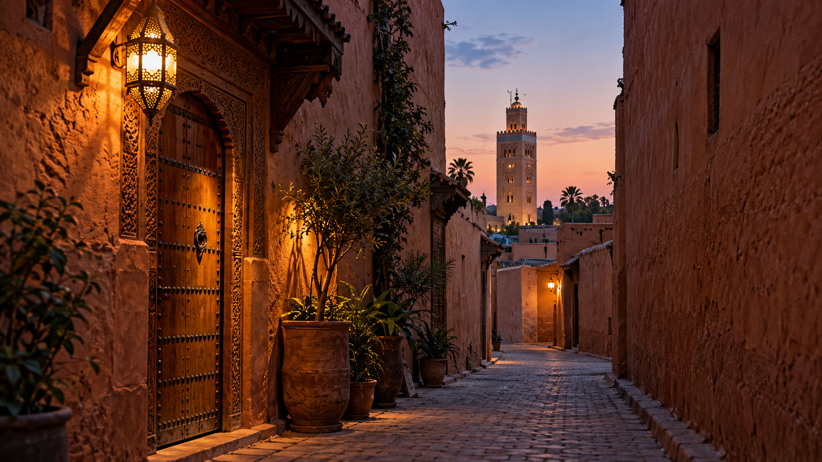 A quiet medina passage opens toward the illuminated Koutoubia minaret at dusk.