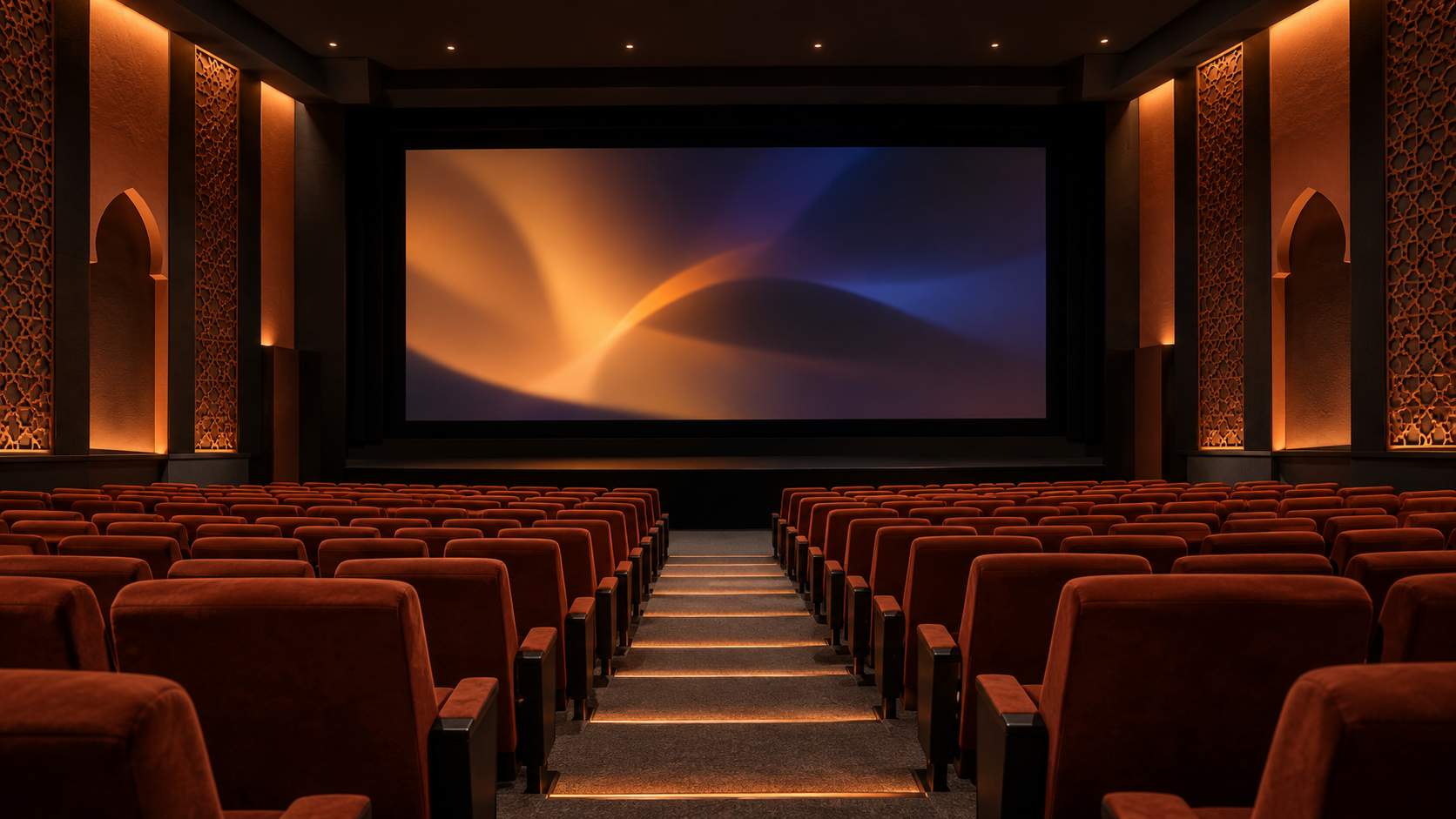 An empty cinema auditorium faces a softly lit screen before a screening.