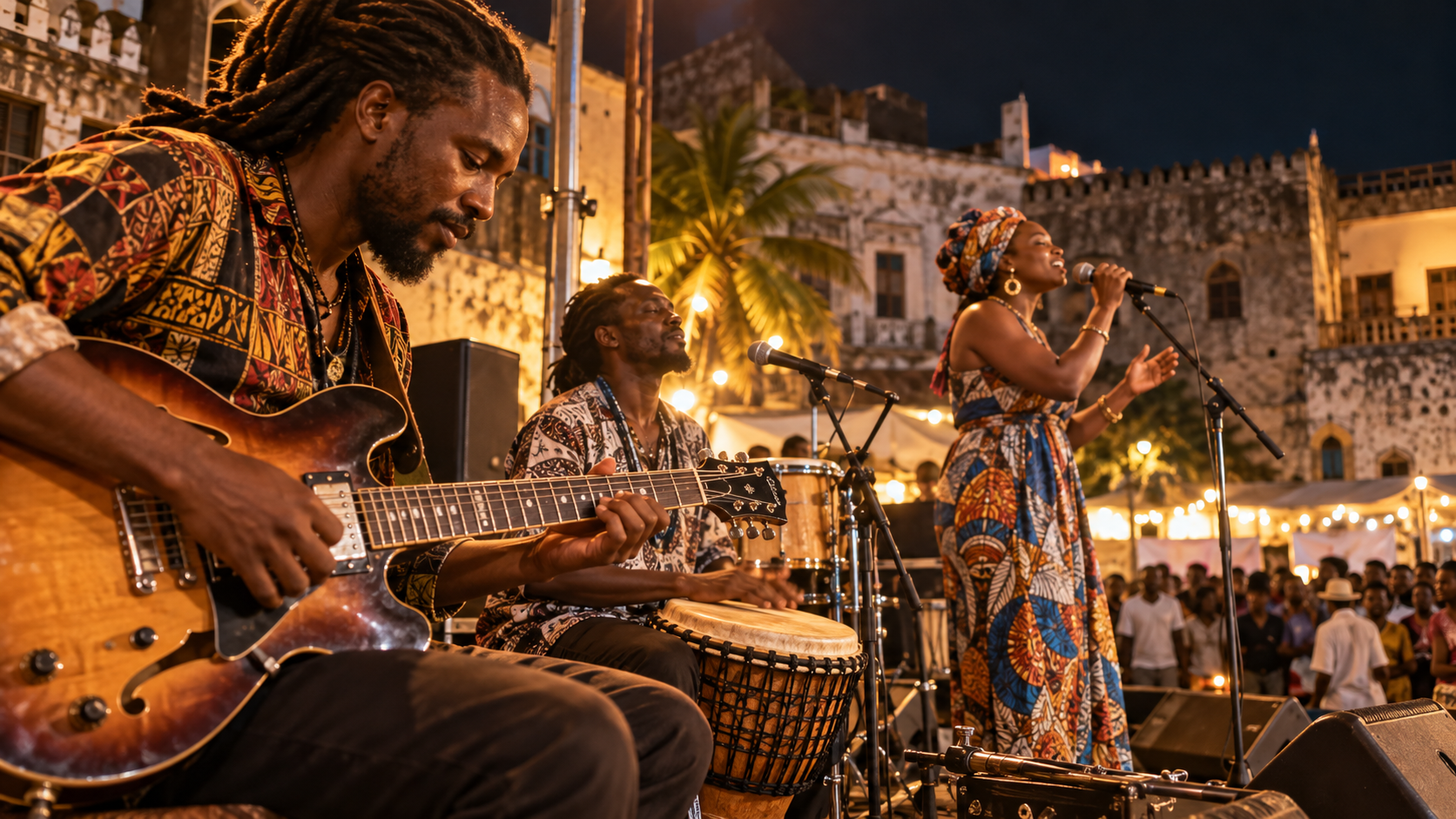 Un guitarrista, un percusionista y una cantante actúan en un escenario al aire libre, ante edificios de piedra coralina en Stone Town.