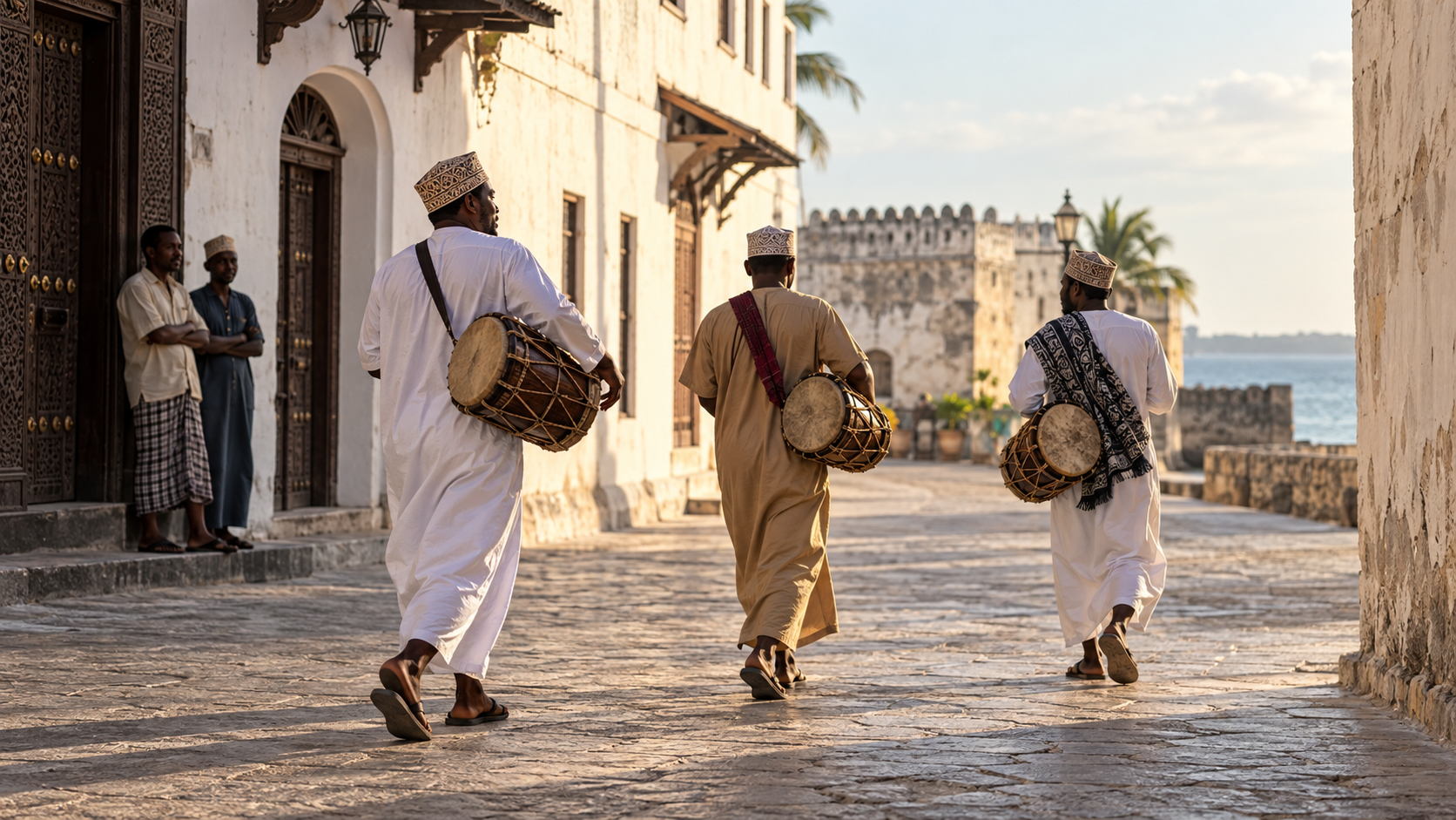 Tres percusionistas caminan por una calle de Stone Town mientras dos personas observan desde una puerta.